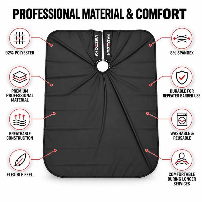 A black professional barber cape shown on a white background with feature callouts and icons around it, including text such as 92% polyester, 8% spandex, breathable construction, and washable and reusable.