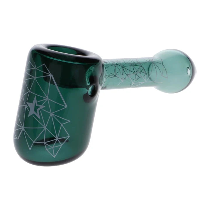 A front view of the 5-inch Famous Design Space Hammer Pipe in teal, featuring a geometric design etched into the glass.