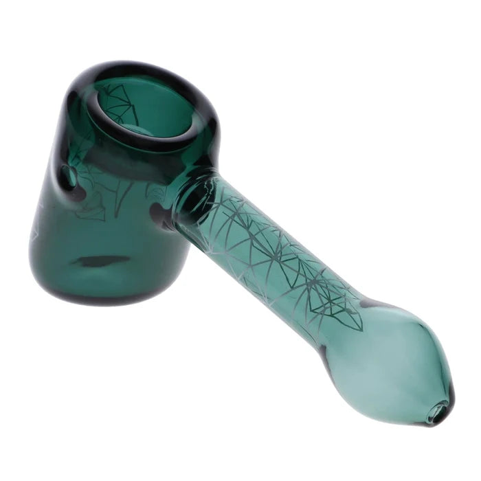 A close-up, angled view of the teal 5-inch Famous Design Space Hammer Pipe, showing its sleek, curved form.