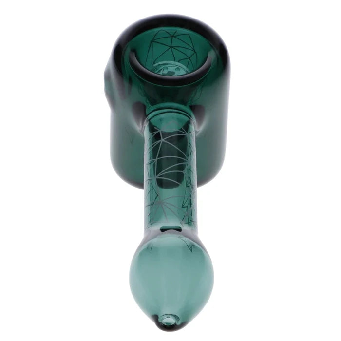 A front view of the 5-inch Famous Design Space Hammer Pipe in teal, showing its unique geometric patterning.