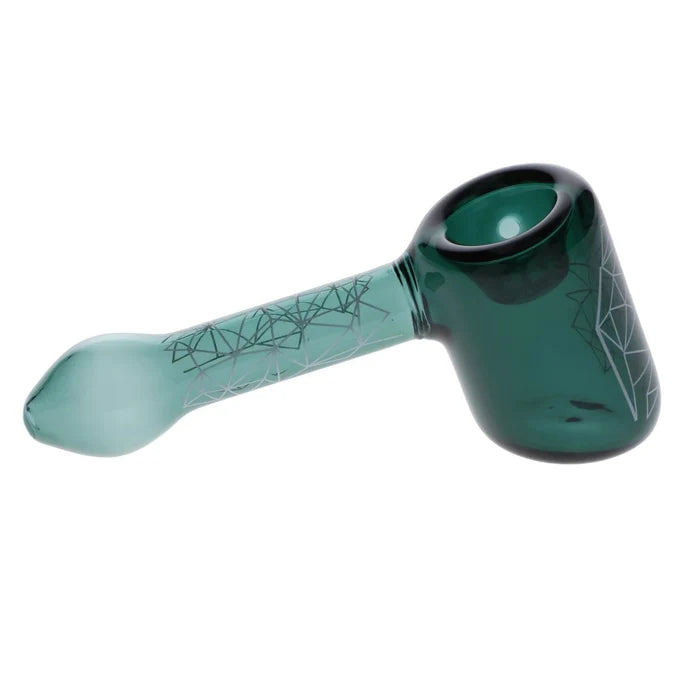 A front view of the 5-inch Famous Design Space Hammer Pipe in teal, showing its geometric pattern.