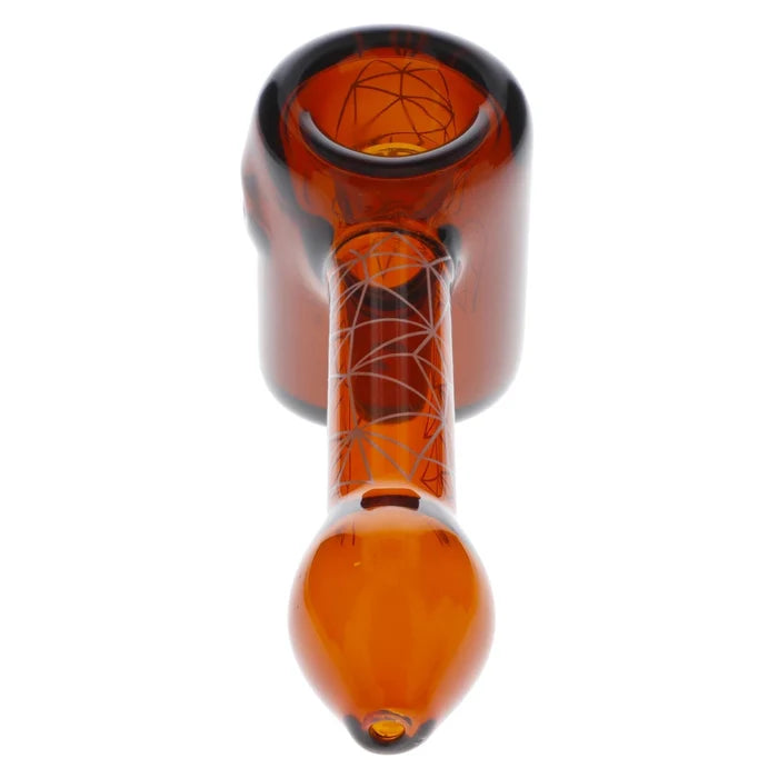 A side view of the 5-inch Famous Design Space Hammer Pipe in amber glass, displaying a unique geometric pattern.