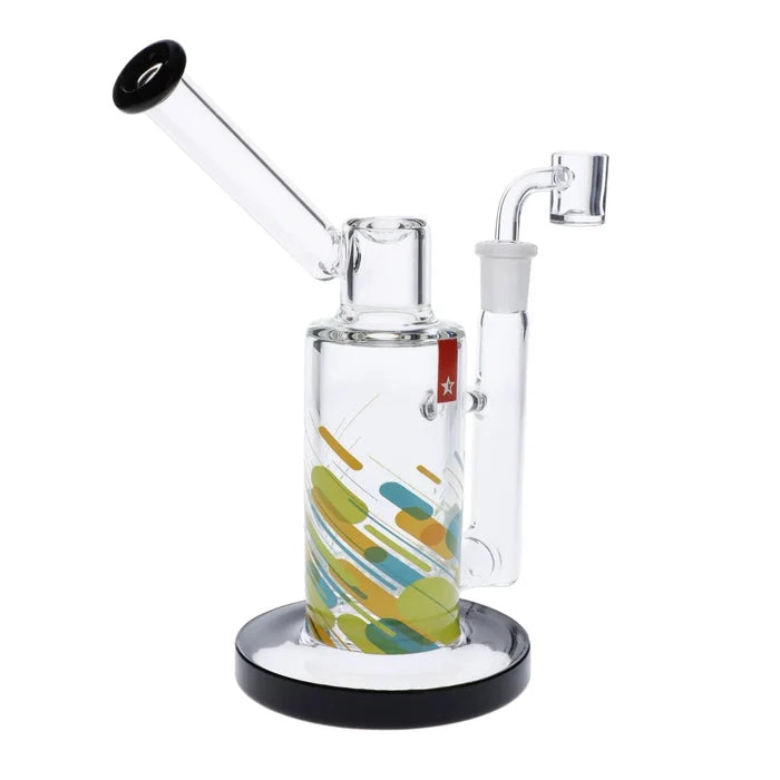 A studio shot of the 8-inch Famous Design Versuz Dab Rig, featuring a clear glass body and black base.