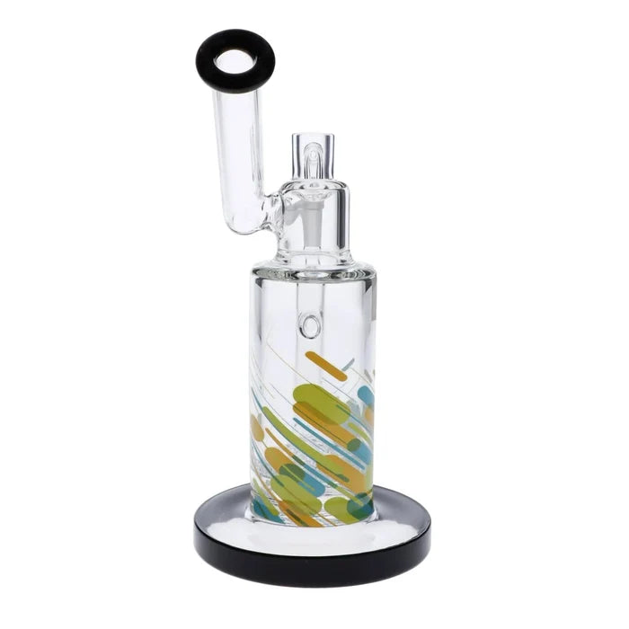 A studio shot of the 8-inch Famous Design Versuz Dab Rig, showing its clear glass construction and cylindrical shape against a white backdrop.