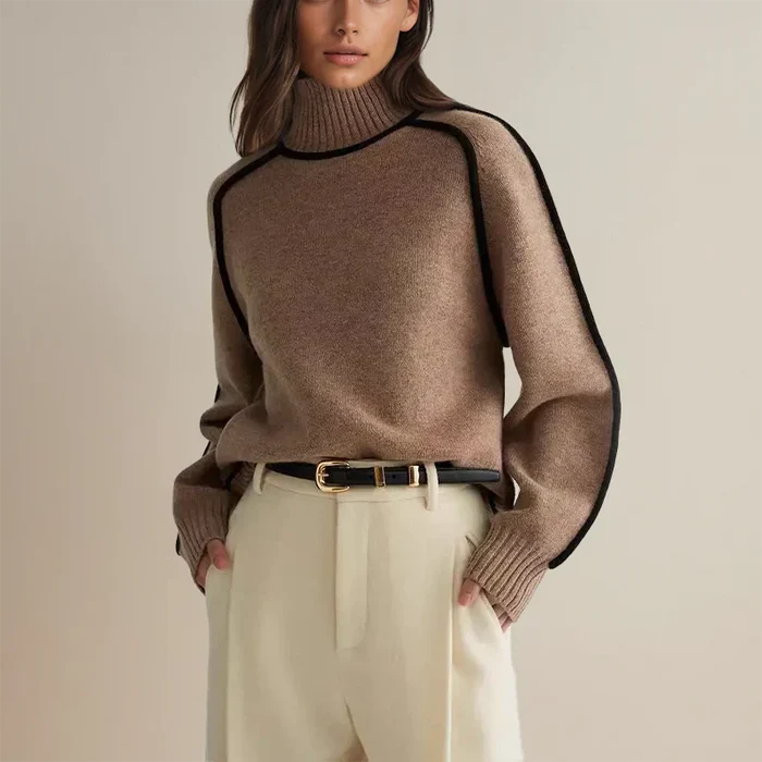 Faylin modern turtleneck sweater with contrast piping in a soft knit, relaxed fit