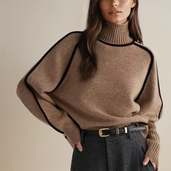 Faylin modern turtleneck sweater with contrast piping in a soft knit, relaxed fit
