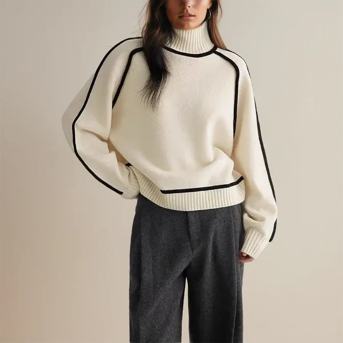 Faylin modern turtleneck sweater with contrast piping in a soft knit, relaxed fit