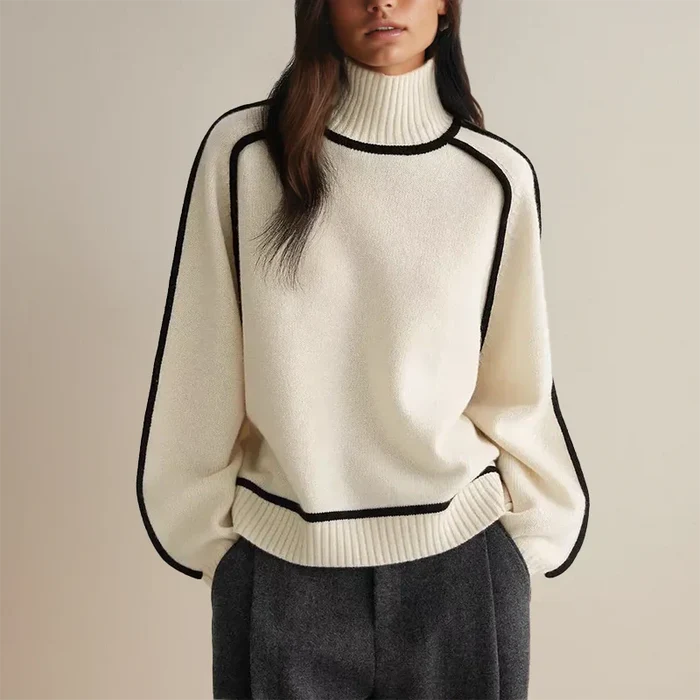 Faylin modern turtleneck sweater with contrast piping in a soft knit, relaxed fit