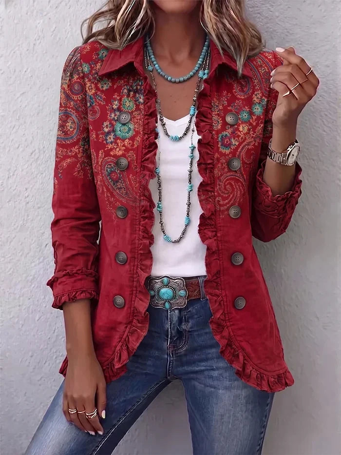 Red bohemian paisley print jacket with ruffle trim, spread collar and double-breasted buttons