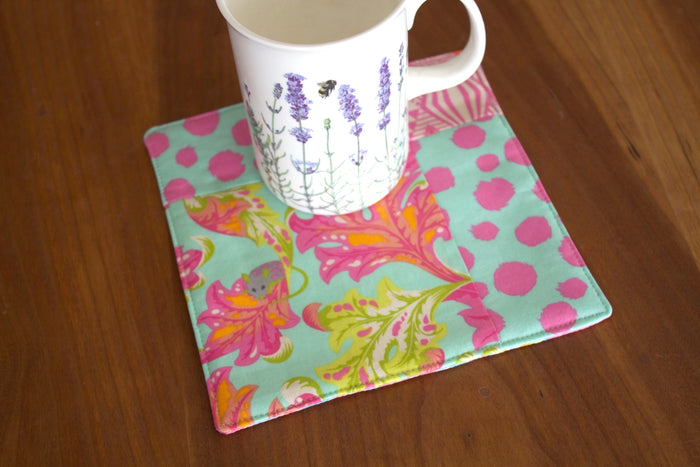 Feline Mug Rug - Chase-The Blue Peony-Animal_Cat,Category_Coaster,Color_Aqua,Color_Pink,Department_Kitchen,Theme_Animal