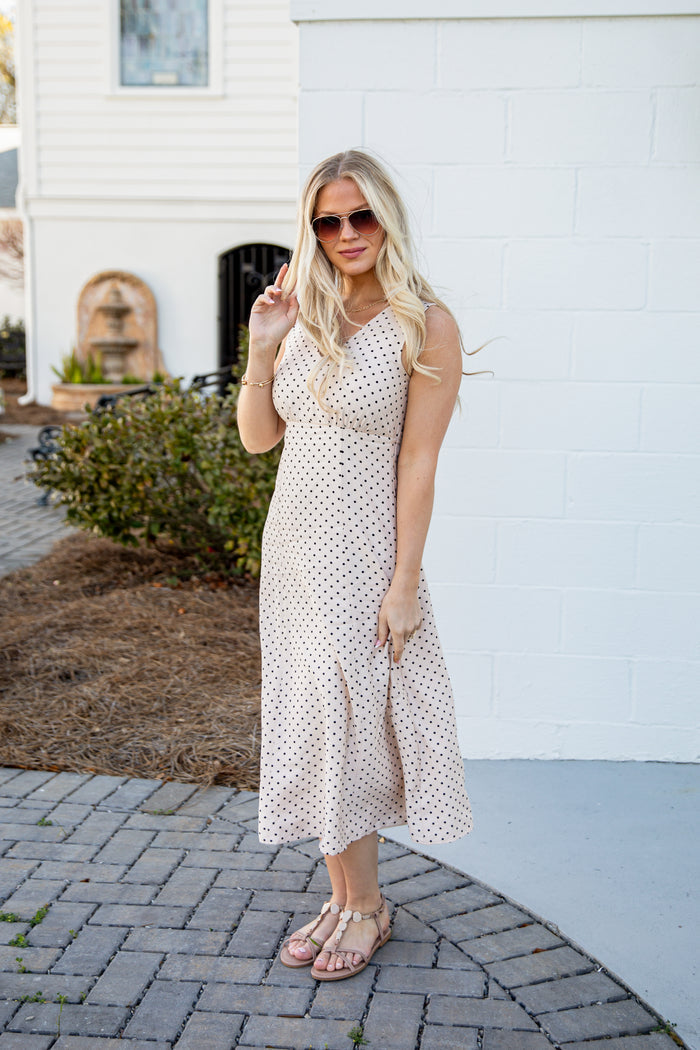 FINAL SALE - Dressed For The Day Polka Dot Cream Midi Dress