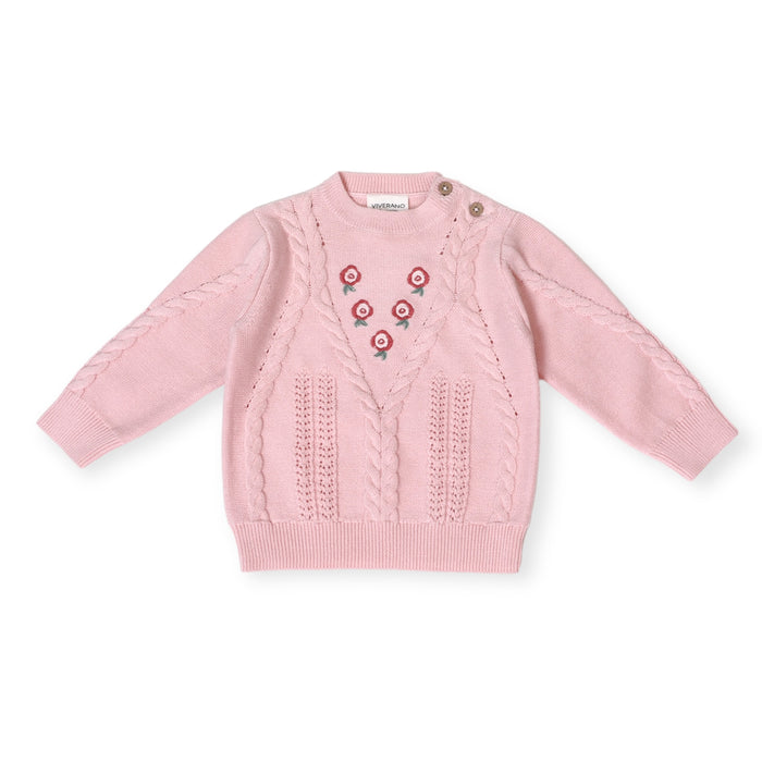 Floral Embroidered Cable Knit Baby Sweater Pullover (Organic Cotton)