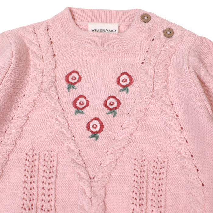 Floral Embroidered Cable Knit Baby Sweater Pullover (Organic Cotton)