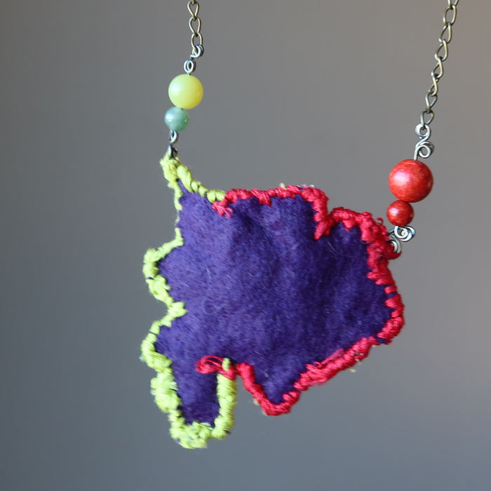back of Red Coral Green Aventurine Serpentine Flower Embroidered Necklace