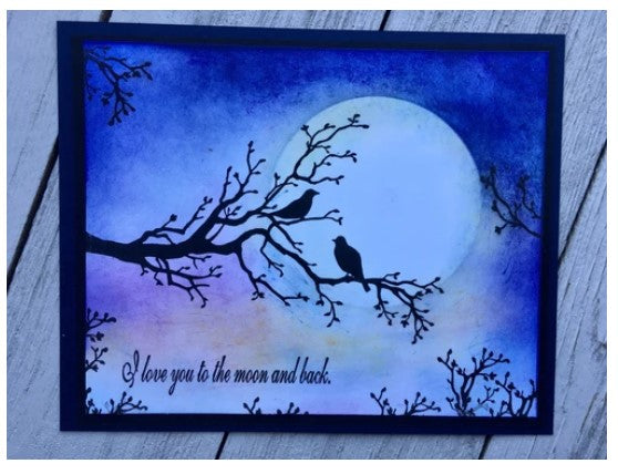 Frog's Whiskers Ink - Stamps - Birds in a Tree. This Rubber Cling Stamp is a silhouette of birds resting on a tree branch. A beautiful addition to Spring collections.  Size: 3.5 x 5 inches. Card Example. Available in Bowmanville Ontario Canada.