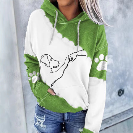 Artistic pet graphic hoodie with paw-and-hand design and tie-dye effect