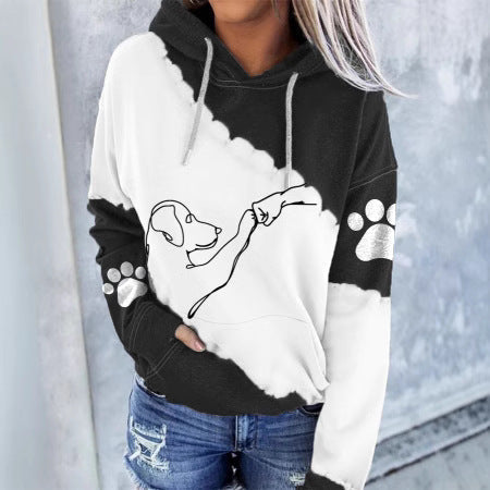 Artistic pet graphic hoodie with paw-and-hand design and tie-dye effect