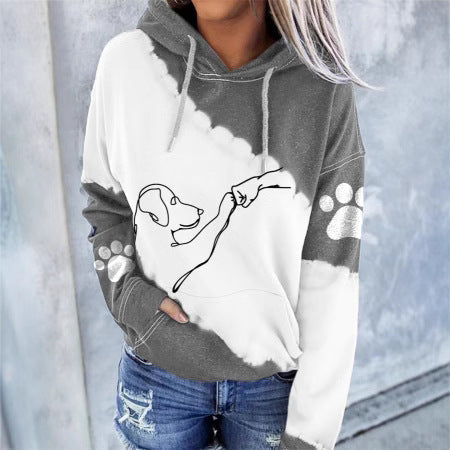 Artistic pet graphic hoodie with paw-and-hand design and tie-dye effect
