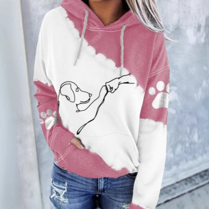 Artistic pet graphic hoodie with paw-and-hand design and tie-dye effect