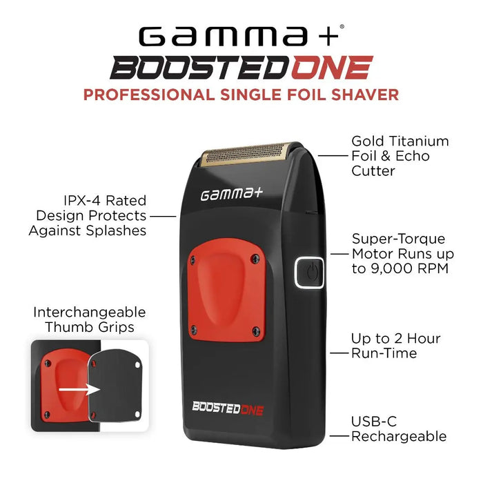 Gamma+ BoostedOne professional single foil shaver shown on a white background with callout text and feature callouts. The shaver is black with a red front panel and gold foil cutter.
