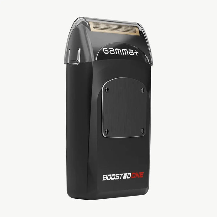 A black Gamma+ Boosted One electric shaver with a brushed metal panel on the front, shown against a light gray background.