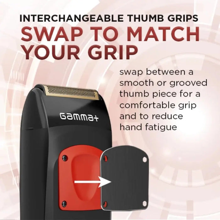 Promotional graphic for a Gamma+ electric shaver showing an interchangeable thumb grip. The main shaver body is black with a red thumb pad, and a separate black textured grip pad is shown with an arrow indicating swappable replacement.