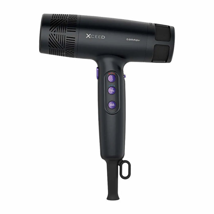 A black Xceed G10000 hair dryer with purple buttons, shown from a three-quarter angle on a solid white background.