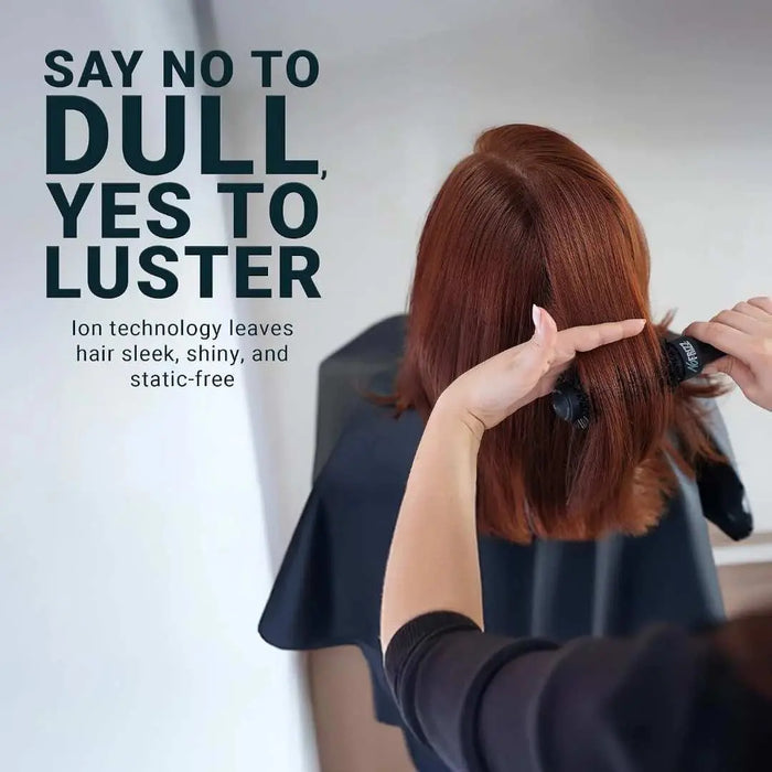 Person styling a person's hair with text about ion technology and hair care.
