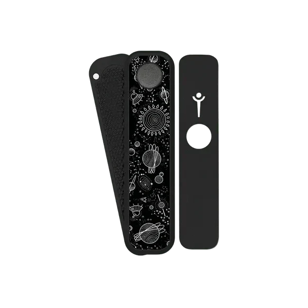 Front view of the Genius Pipe - Through The Universe, featuring a black pipe with a cosmic design on a plain white background.