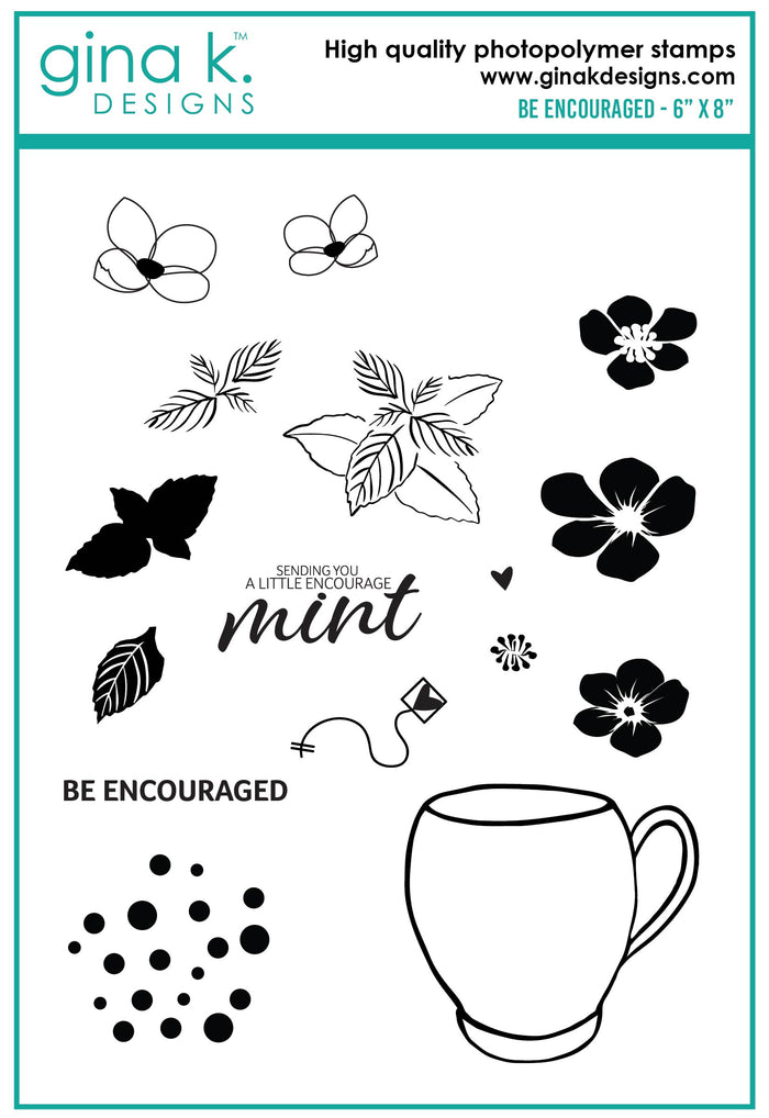 Gina K. designs - Stamps and Die Set - Be Encouraged. Be Encouraged is a stamp set by Lisa Hetrick. This set is made of premium clear photopolymer and measures 6" X 8". Dies are compatible with most die-cutting machines. Available at Embellish Away located in Bowmanville Ontario Canada.