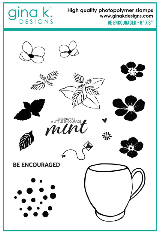 Gina K. designs - Stamps and Die Set - Be Encouraged. Be Encouraged is a stamp set by Lisa Hetrick. This set is made of premium clear photopolymer and measures 6" X 8". Dies are compatible with most die-cutting machines. Available at Embellish Away located in Bowmanville Ontario Canada.