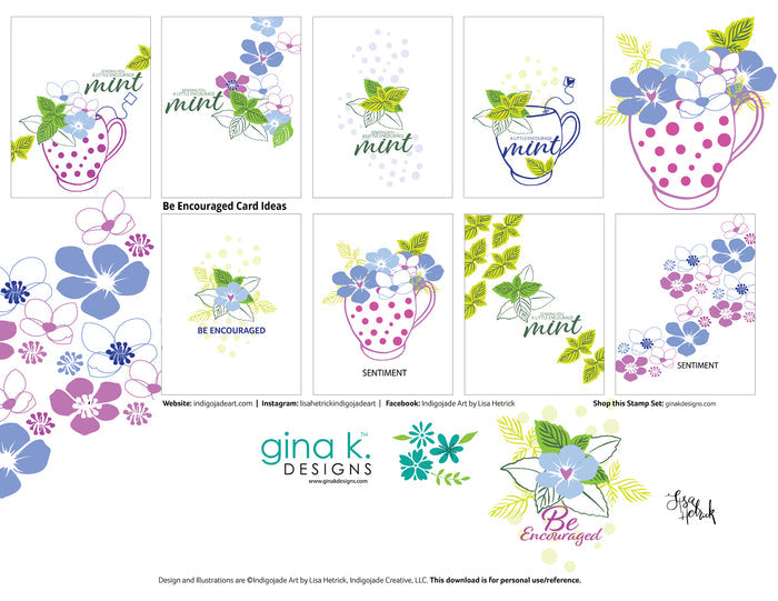 Gina K. designs - Stamps and Die Set - Be Encouraged. Be Encouraged is a stamp set by Lisa Hetrick. This set is made of premium clear photopolymer and measures 6" X 8". Dies are compatible with most die-cutting machines. Available at Embellish Away located in Bowmanville Ontario Canada. Card examples by Lisa Hetrick.