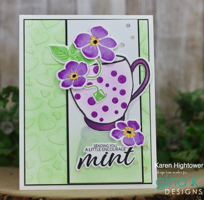 Gina K. designs - Stamps and Die Set - Be Encouraged. Be Encouraged is a stamp set by Lisa Hetrick. This set is made of premium clear photopolymer and measures 6" X 8". Dies are compatible with most die-cutting machines. Available at Embellish Away located in Bowmanville Ontario Canada. Card design by Karen Hightower.