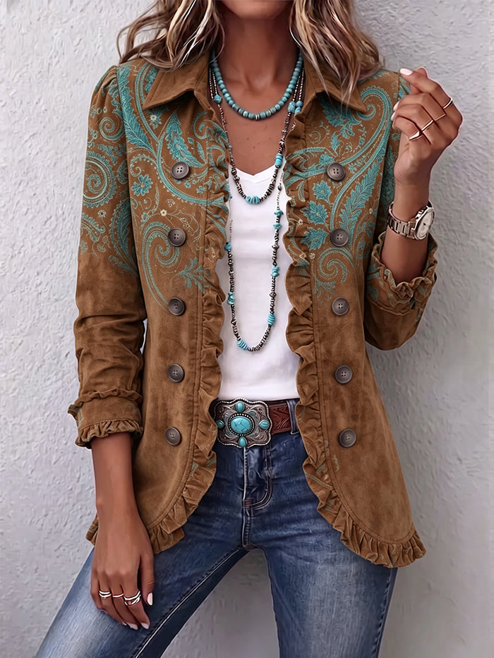 Brown paisley print double-breasted jacket with soft ruffle trim at collar, placket and cuffs