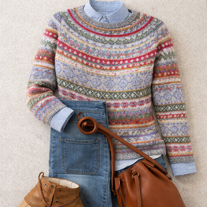 Hannah heritage Nordic knit sweater in Snow Wolf white with textured pattern