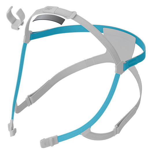 Gray and blue headgear with straps on a white background