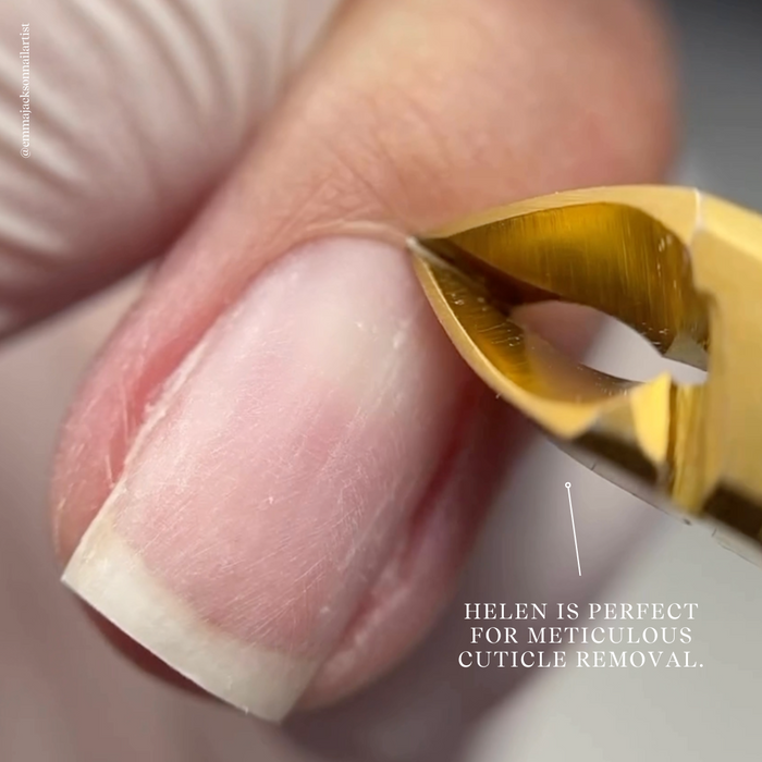 Close-up of a hand using a cuticle nipper with text 'HELEN IS PERFECT FOR METICULOUS CUTICLE REMOVAL'.