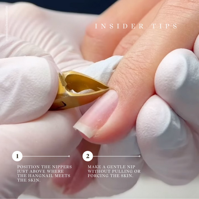 Close-up of hands with cuticle nipper and text on how to use it, with 'INSIDER TIPS' at the top.