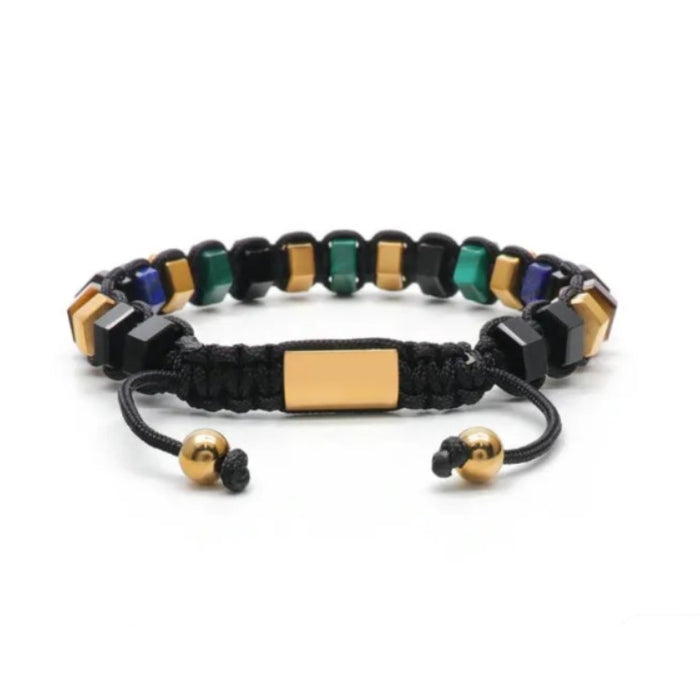 HexaLuxe Men’s Bracelet – Multi-Coloured Tiger Eye & Gold-Tone Hexagon Beads