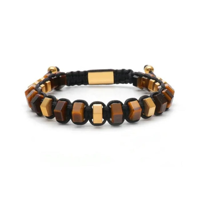 HexaLuxe Men’s Bracelet – Tiger Eye & Gold-Tone Hexagon Beads