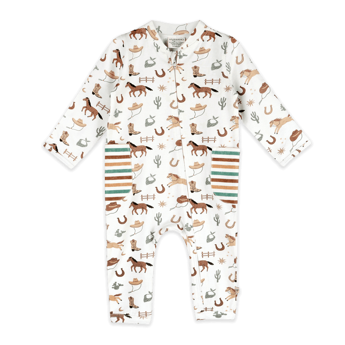 Howdy Horse Side Pocket Baby Zip Jumpsuit (Organic Jersey) - Front