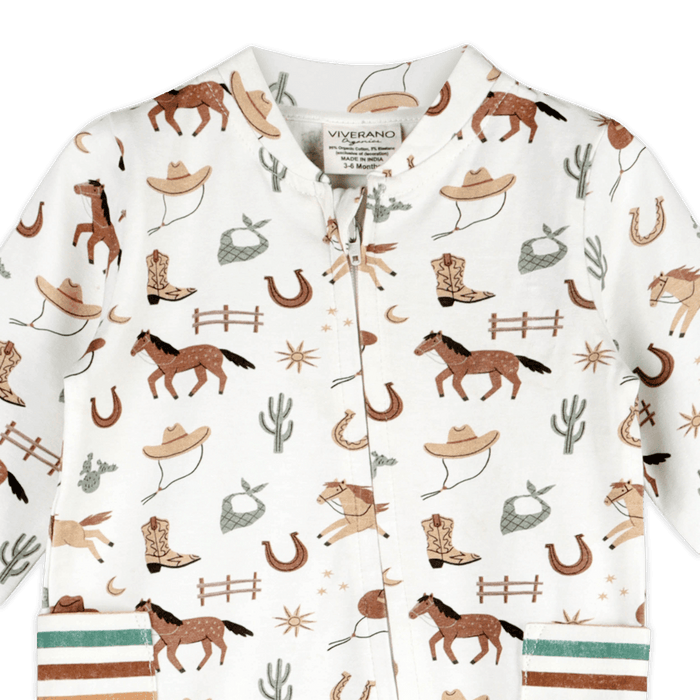 Howdy Horse Side Pocket Baby Zip Jumpsuit (Organic Jersey) - Detail