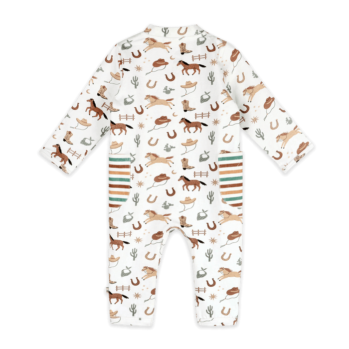 Howdy Horse Side Pocket Baby Zip Jumpsuit (Organic Jersey) - Back