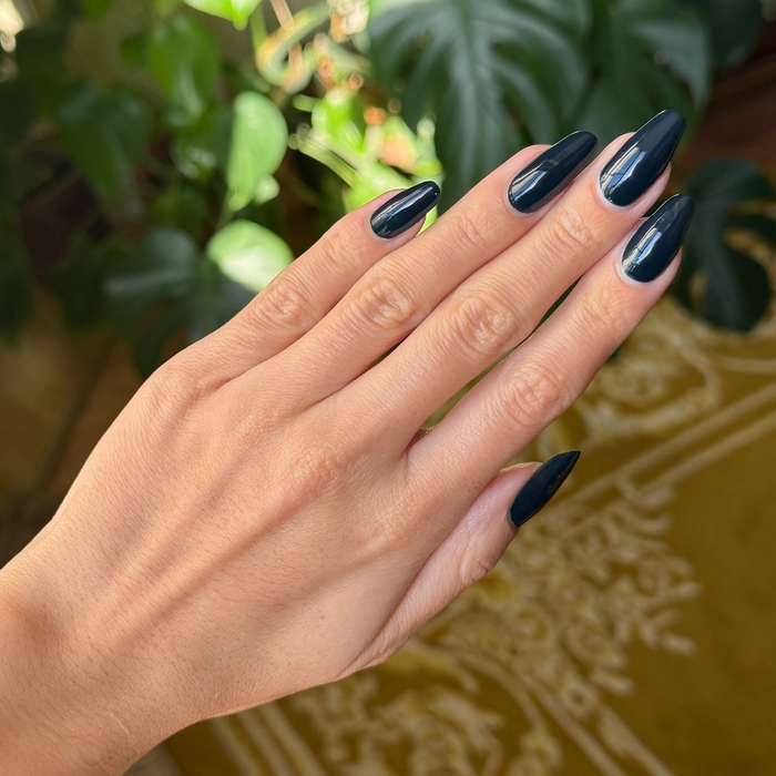 I'm Just Looking ultra deep teal gel polish on almond-shaped nails for a glossy at home manicure
