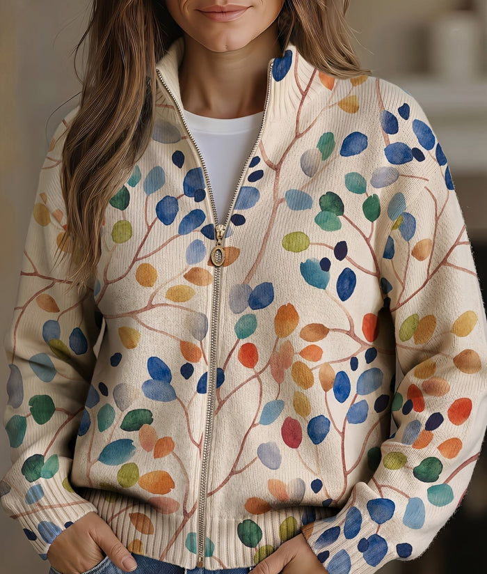 Botanical leaf print zip cardigan in watercolor blue, orange, green, and yellow with gold-tone zipper