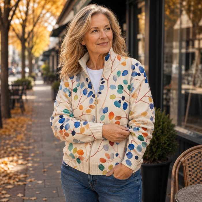 Botanical leaf print zip cardigan in watercolor blue, orange, green, and yellow with gold-tone zipper