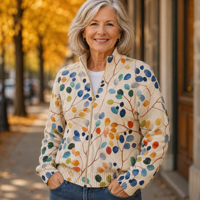 Botanical leaf print zip cardigan in watercolor blue, orange, green, and yellow with gold-tone zipper