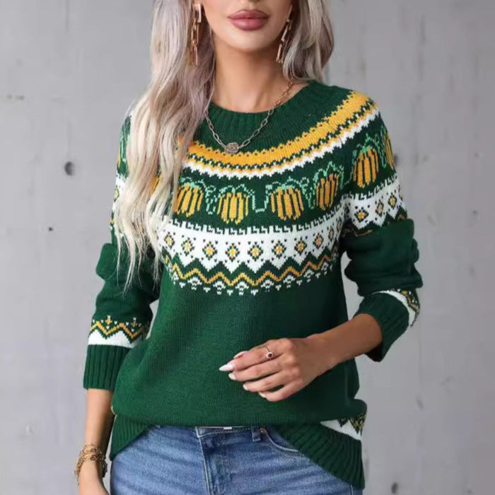 Iyonna vintage round neck pullover sweater shown in green and brown