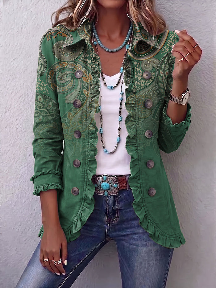 Green paisley print bohemian jacket with ruffle trim at the placket, cuffs and hem