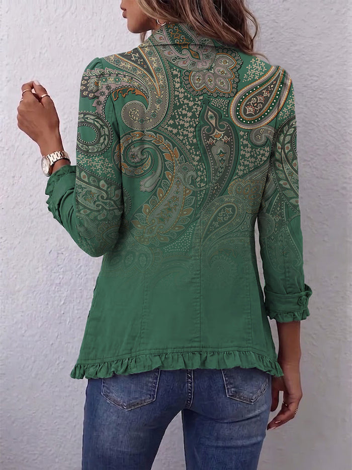 Green paisley print bohemian jacket with ruffle trim at the placket, cuffs and hem